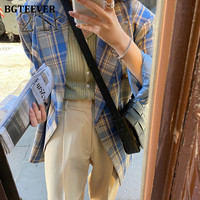 BGTEEVER Vintage luźne kobiety Plaid Blazer 2020 jesień Chic podwójne piersi kobiet kostium z długim rękawem kurtki stylowe panie Blazer 5